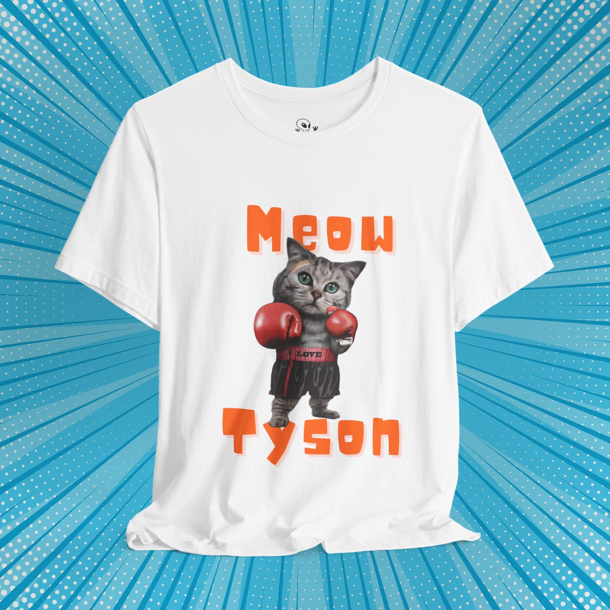 Meow Tyson T-shirt – funny cat boxing pun tee. Unisex graphic shirt for cat lovers, humor fans, and animal pun streetwear.
