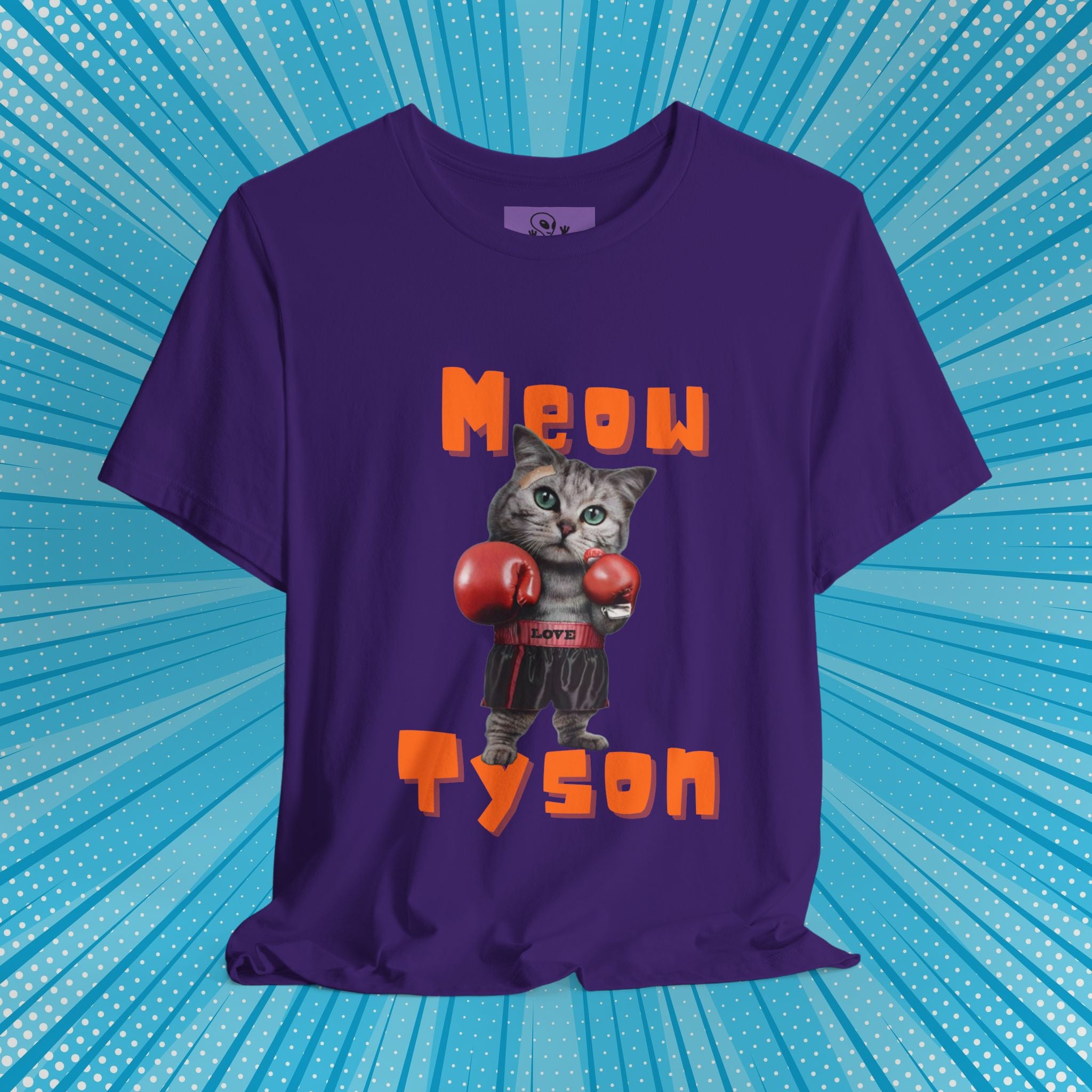 Meow Tyson T-shirt – funny cat boxing pun tee. Unisex graphic shirt for cat lovers, humor fans, and animal pun streetwear.