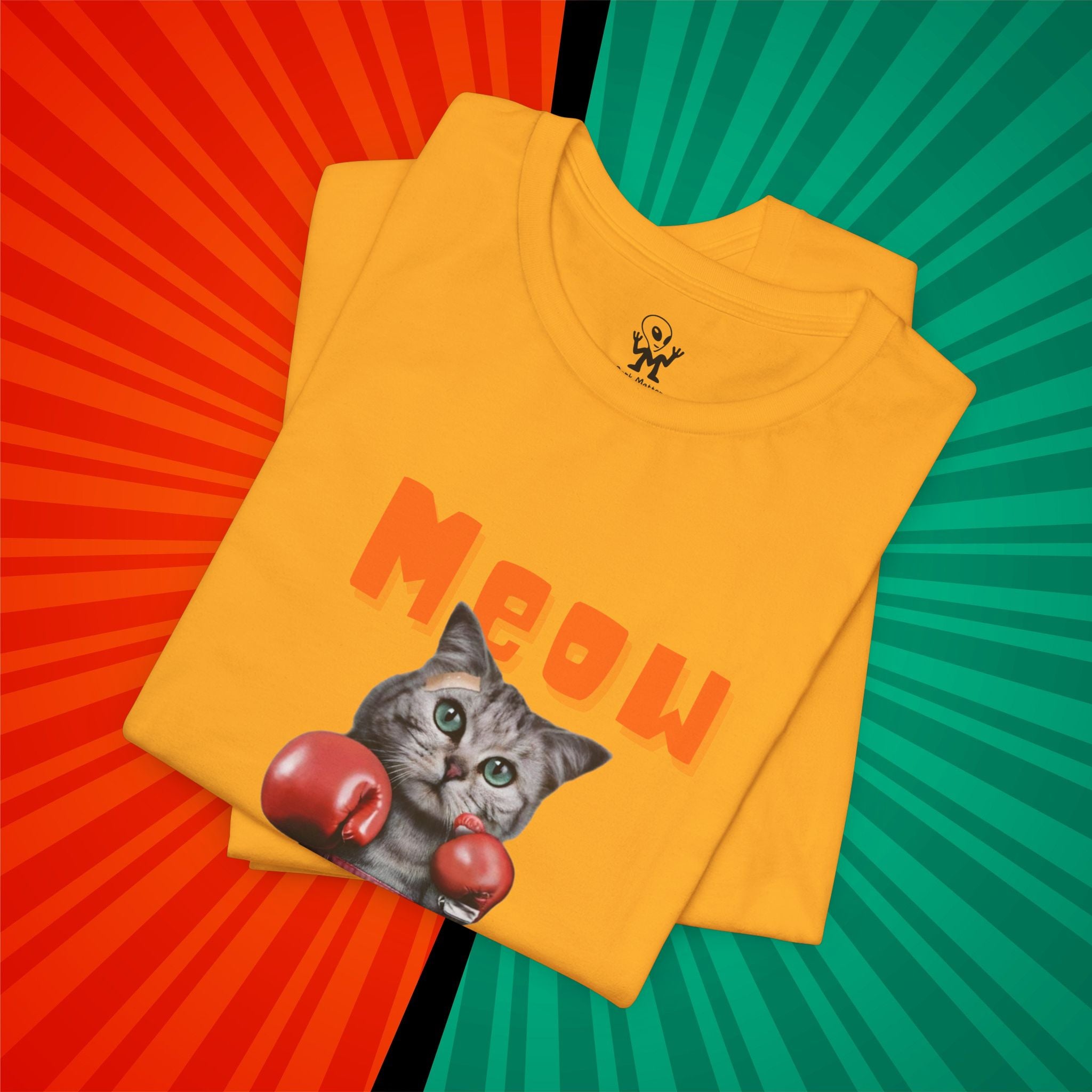 Meow Tyson T-shirt – funny cat boxing pun tee. Unisex graphic shirt for cat lovers, humor fans, and animal pun streetwear.