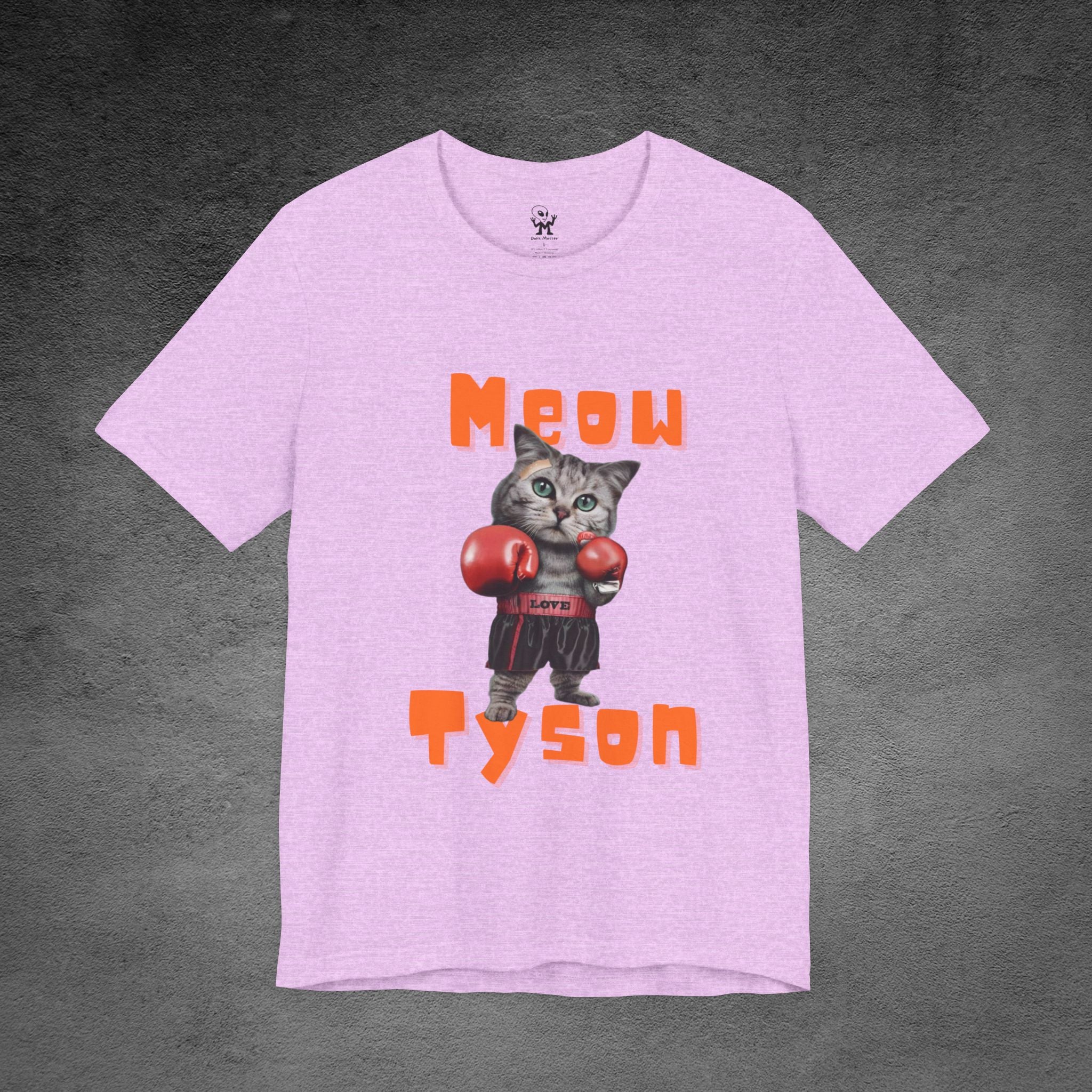 Meow Tyson T-shirt – funny cat boxing pun tee. Unisex graphic shirt for cat lovers, humor fans, and animal pun streetwear.