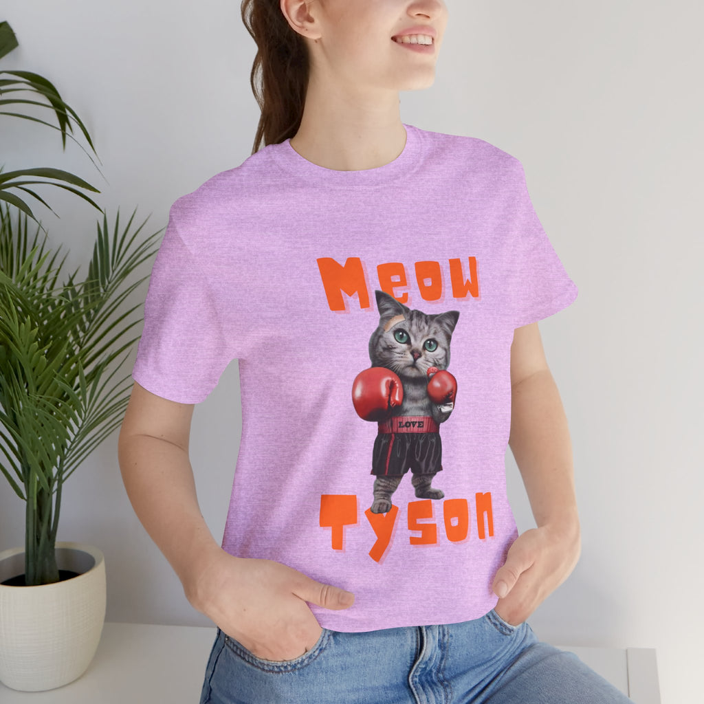 Meow Tyson T-shirt – funny cat boxing pun tee. Unisex graphic shirt for cat lovers, humor fans, and animal pun streetwear.