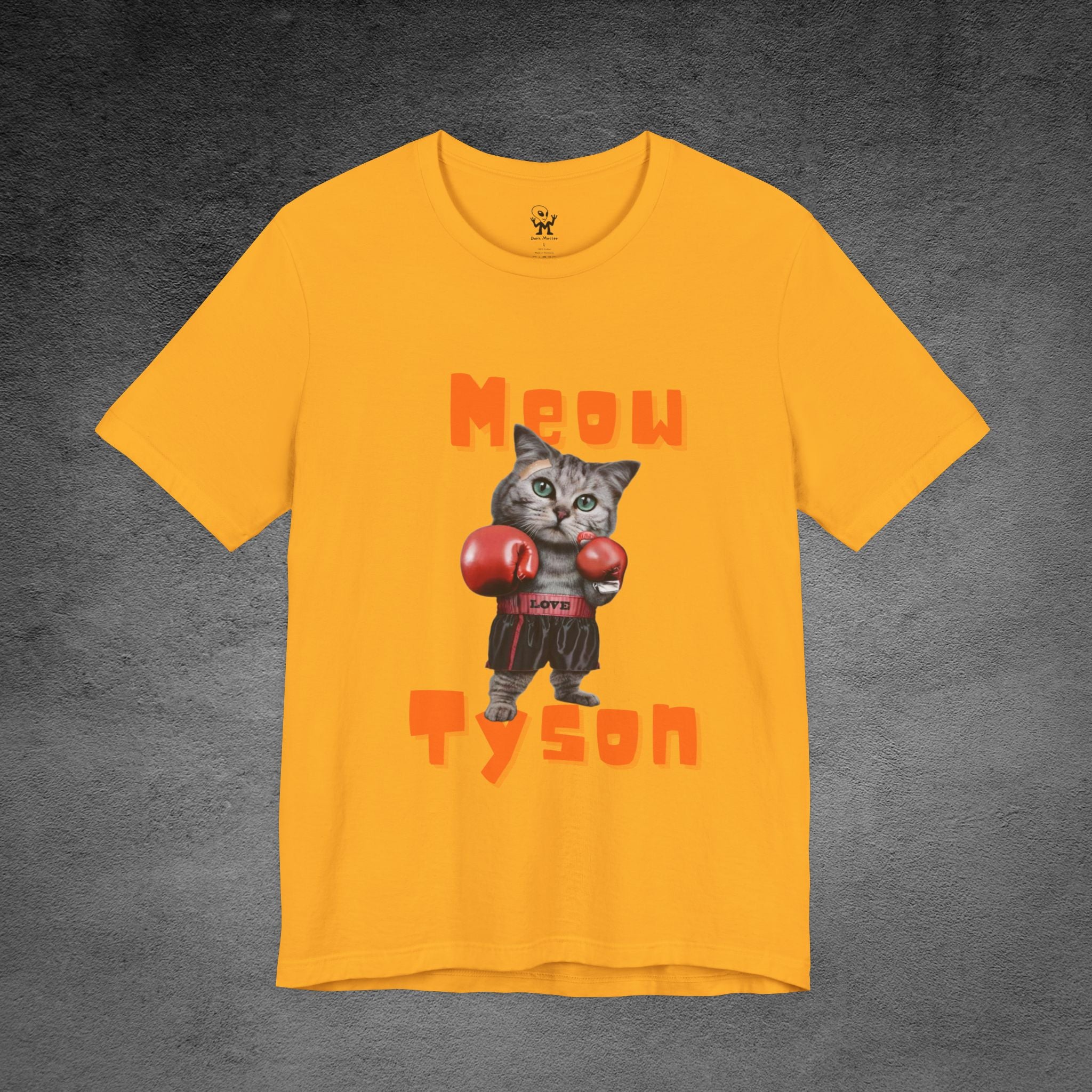 Meow Tyson T-shirt – funny cat boxing pun tee. Unisex graphic shirt for cat lovers, humor fans, and animal pun streetwear.