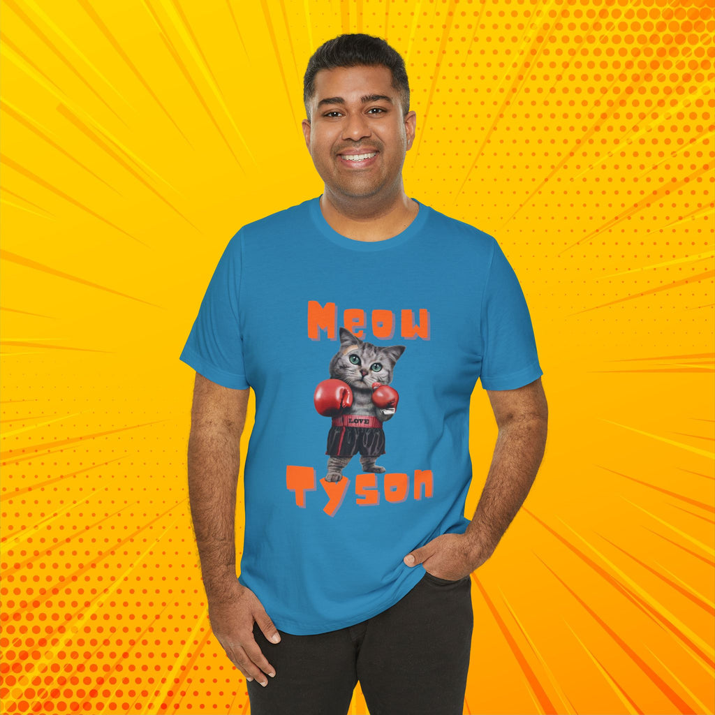 Meow Tyson T-shirt – funny cat boxing pun tee. Unisex graphic shirt for cat lovers, humor fans, and animal pun streetwear.