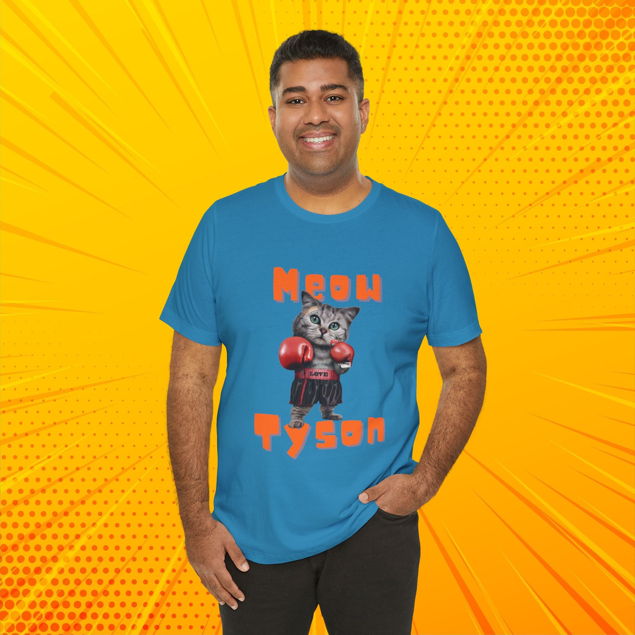 Meow Tyson T-shirt – funny cat boxing pun tee. Unisex graphic shirt for cat lovers, humor fans, and animal pun streetwear.