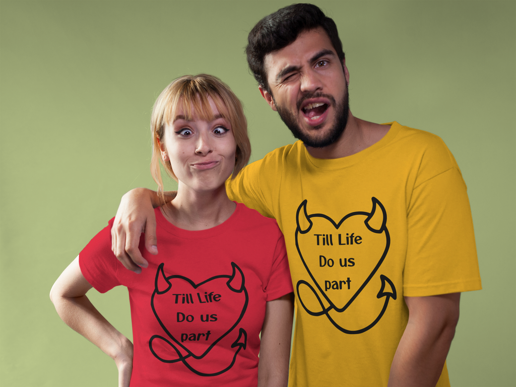 Till life do us part t-shirt ❤️‍🔥 ,Devilish Love Tee - Unisex Jersey Short Sleeve Tee, Funny Couples Shirt,, anti-Valentine shirt, dark humor couple tee