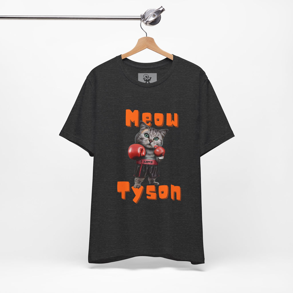 Meow Tyson T-shirt – funny cat boxing pun tee. Unisex graphic shirt for cat lovers, humor fans, and animal pun streetwear.