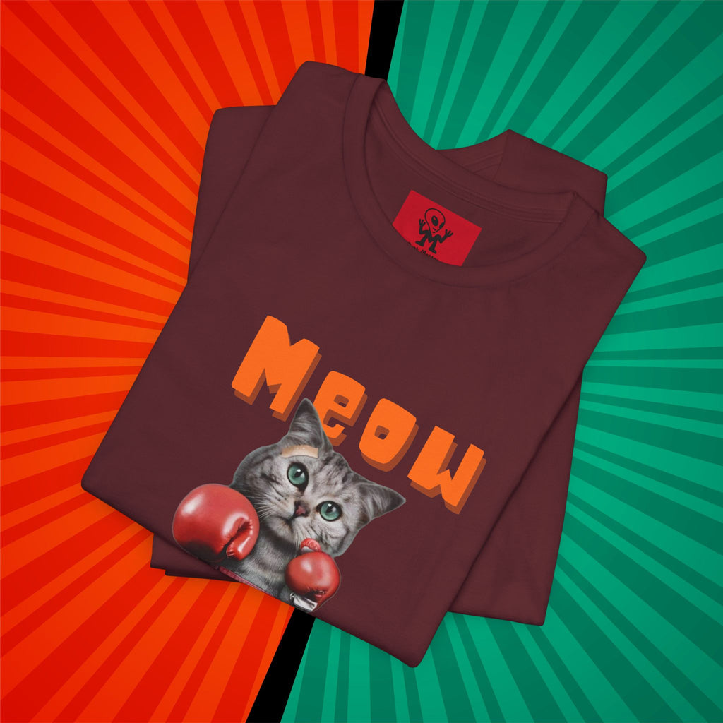 Meow Tyson T-shirt – funny cat boxing pun tee. Unisex graphic shirt for cat lovers, humor fans, and animal pun streetwear.