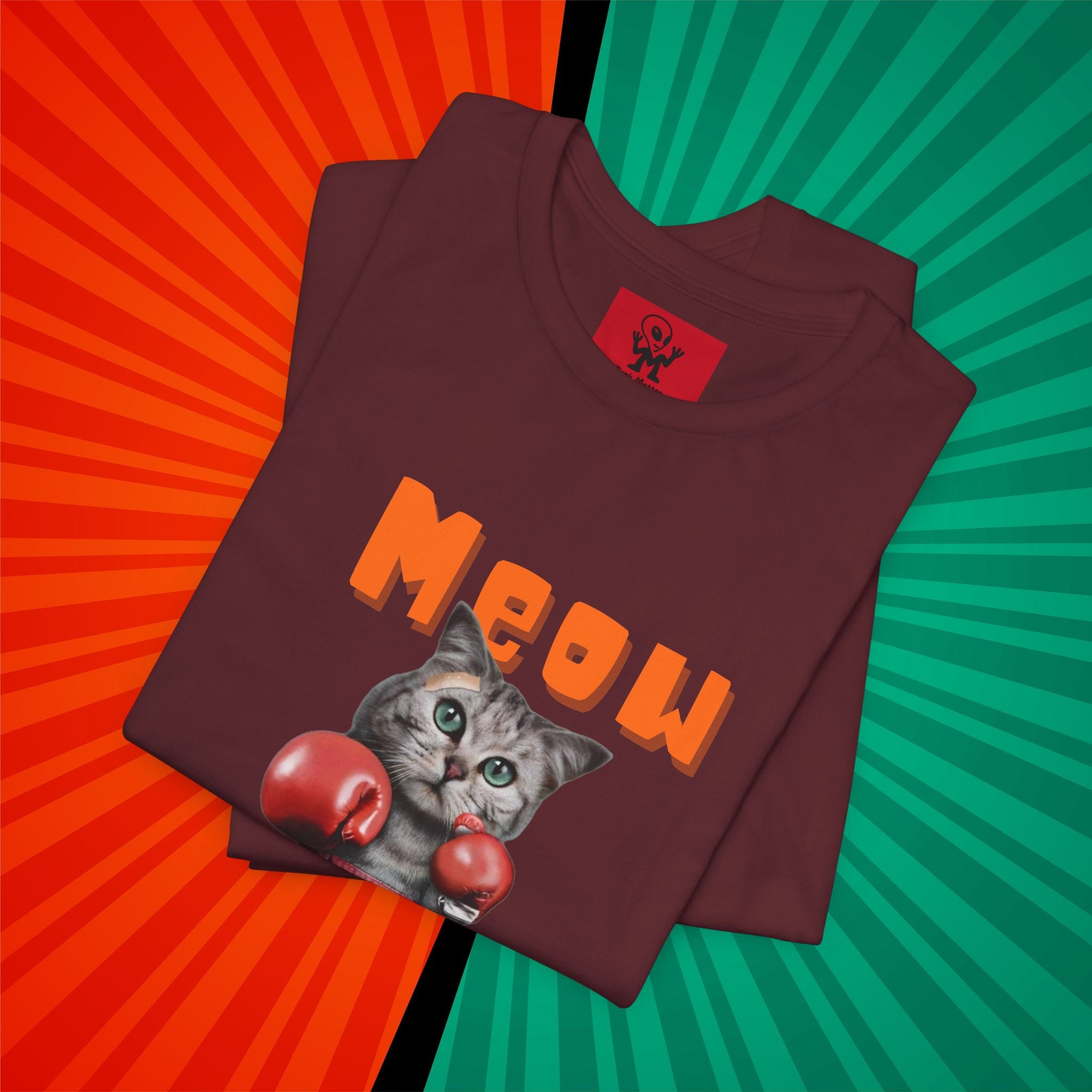 Meow Tyson T-shirt – funny cat boxing pun tee. Unisex graphic shirt for cat lovers, humor fans, and animal pun streetwear.