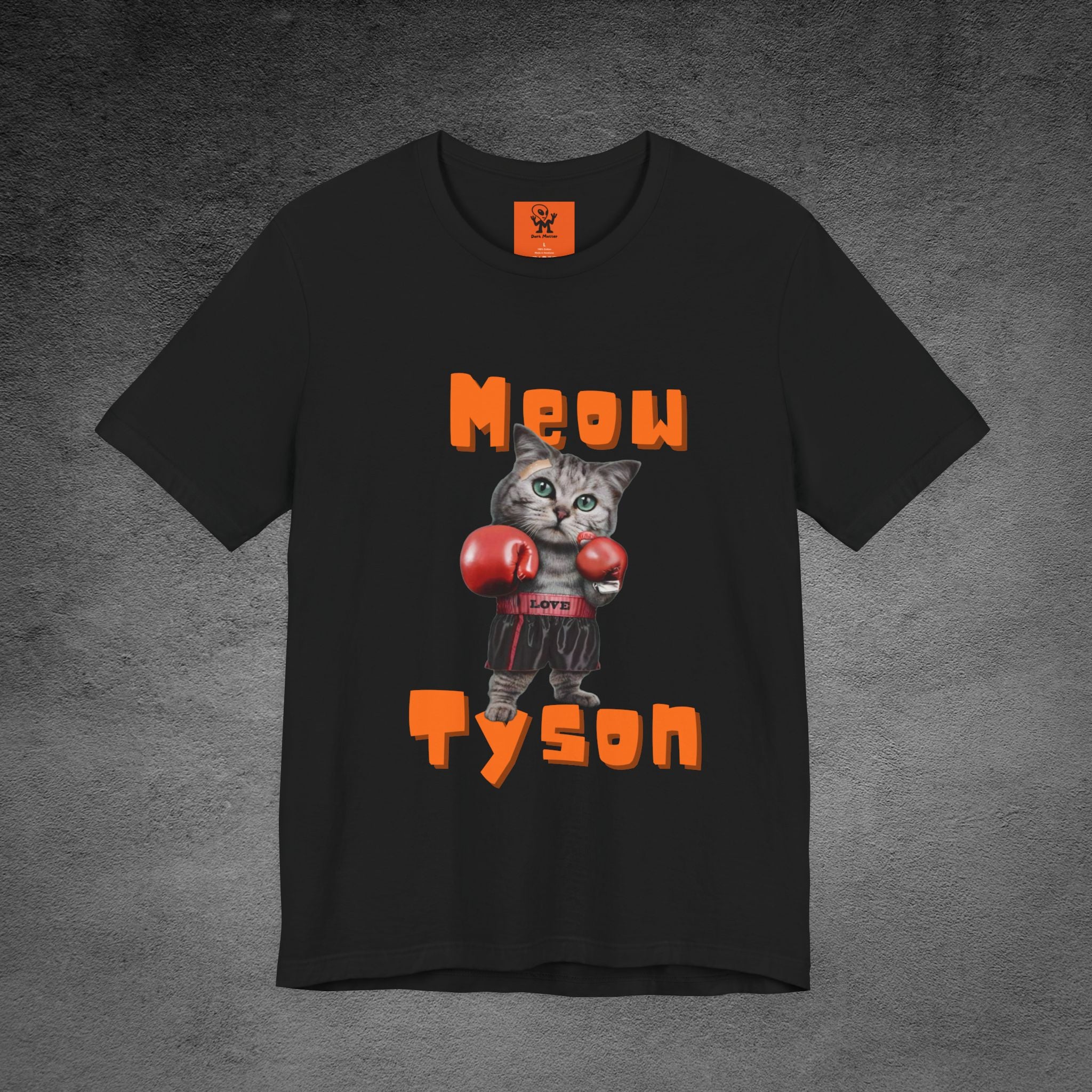 Meow Tyson T-shirt – funny cat boxing pun tee. Unisex graphic shirt for cat lovers, humor fans, and animal pun streetwear.
