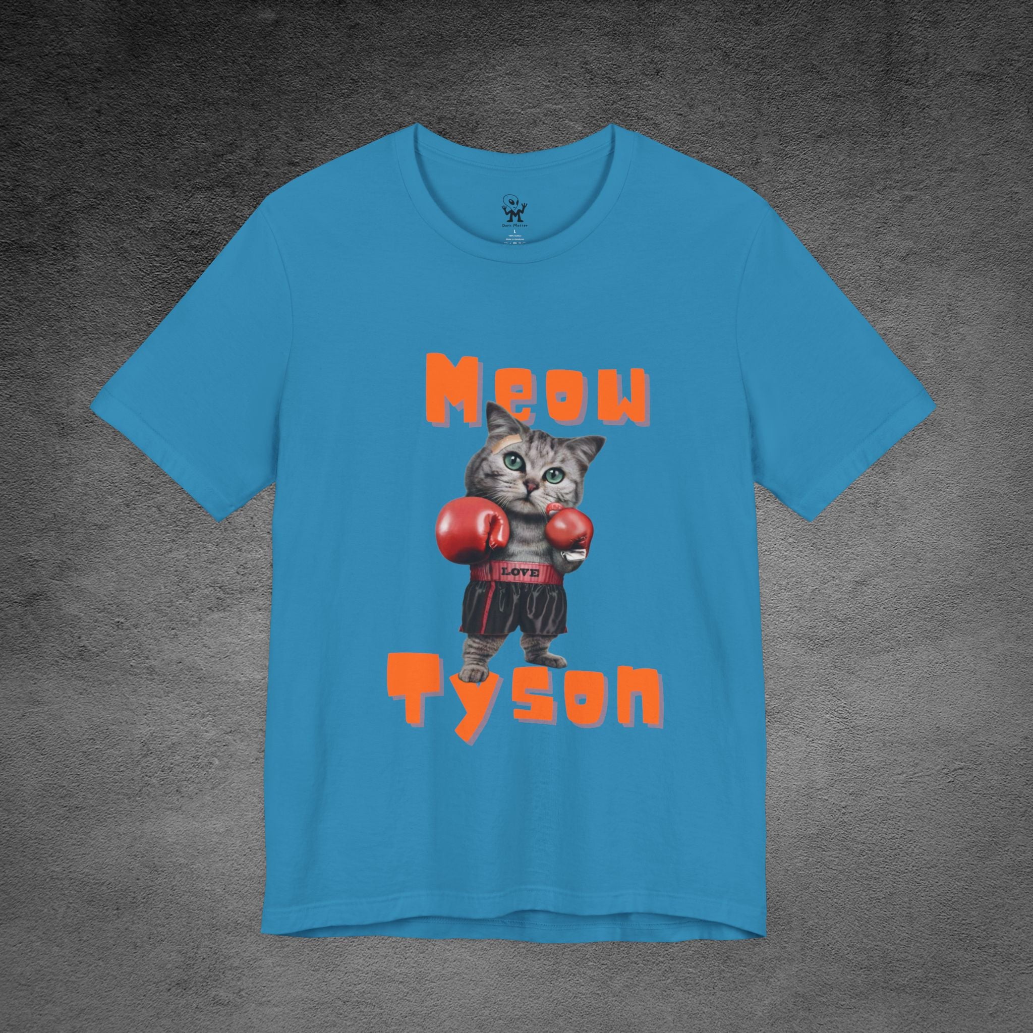Meow Tyson T-shirt – funny cat boxing pun tee. Unisex graphic shirt for cat lovers, humor fans, and animal pun streetwear.