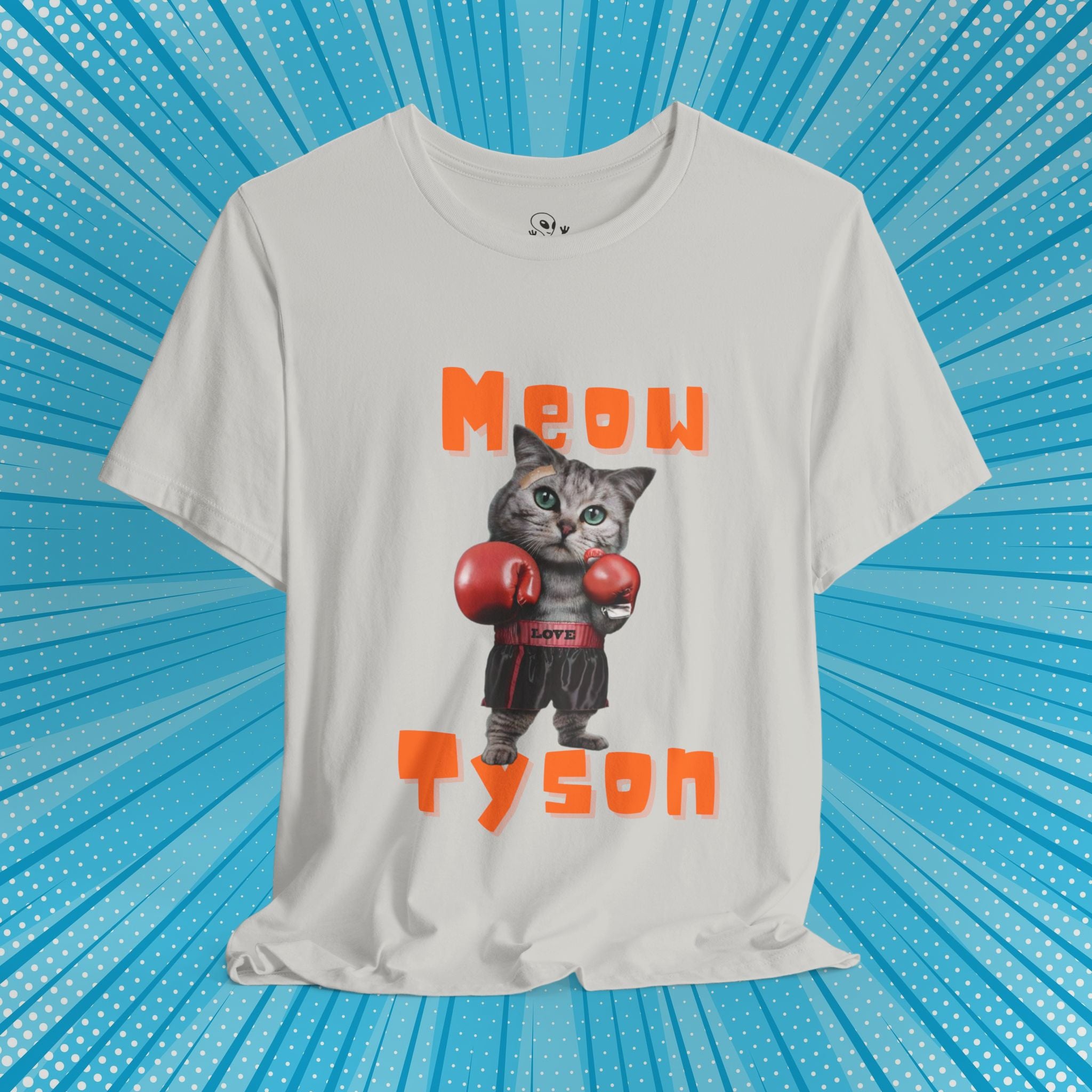 Meow Tyson T-shirt – funny cat boxing pun tee. Unisex graphic shirt for cat lovers, humor fans, and animal pun streetwear.