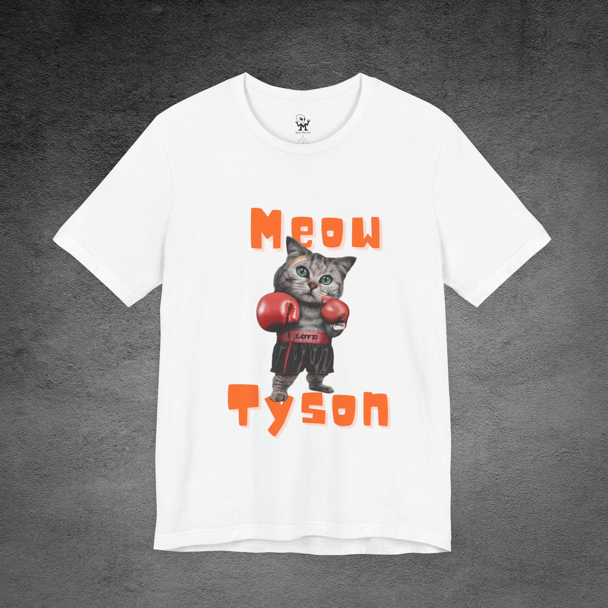 Meow Tyson T-shirt – funny cat boxing pun tee. Unisex graphic shirt for cat lovers, humor fans, and animal pun streetwear.