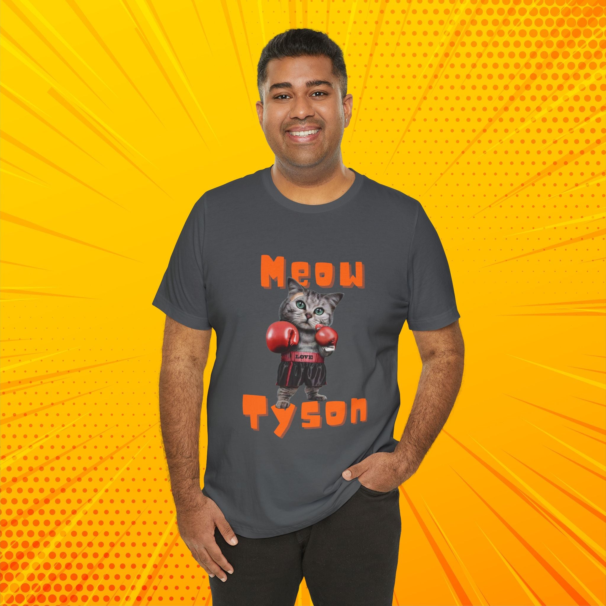 Meow Tyson T-shirt – funny cat boxing pun tee. Unisex graphic shirt for cat lovers, humor fans, and animal pun streetwear.
