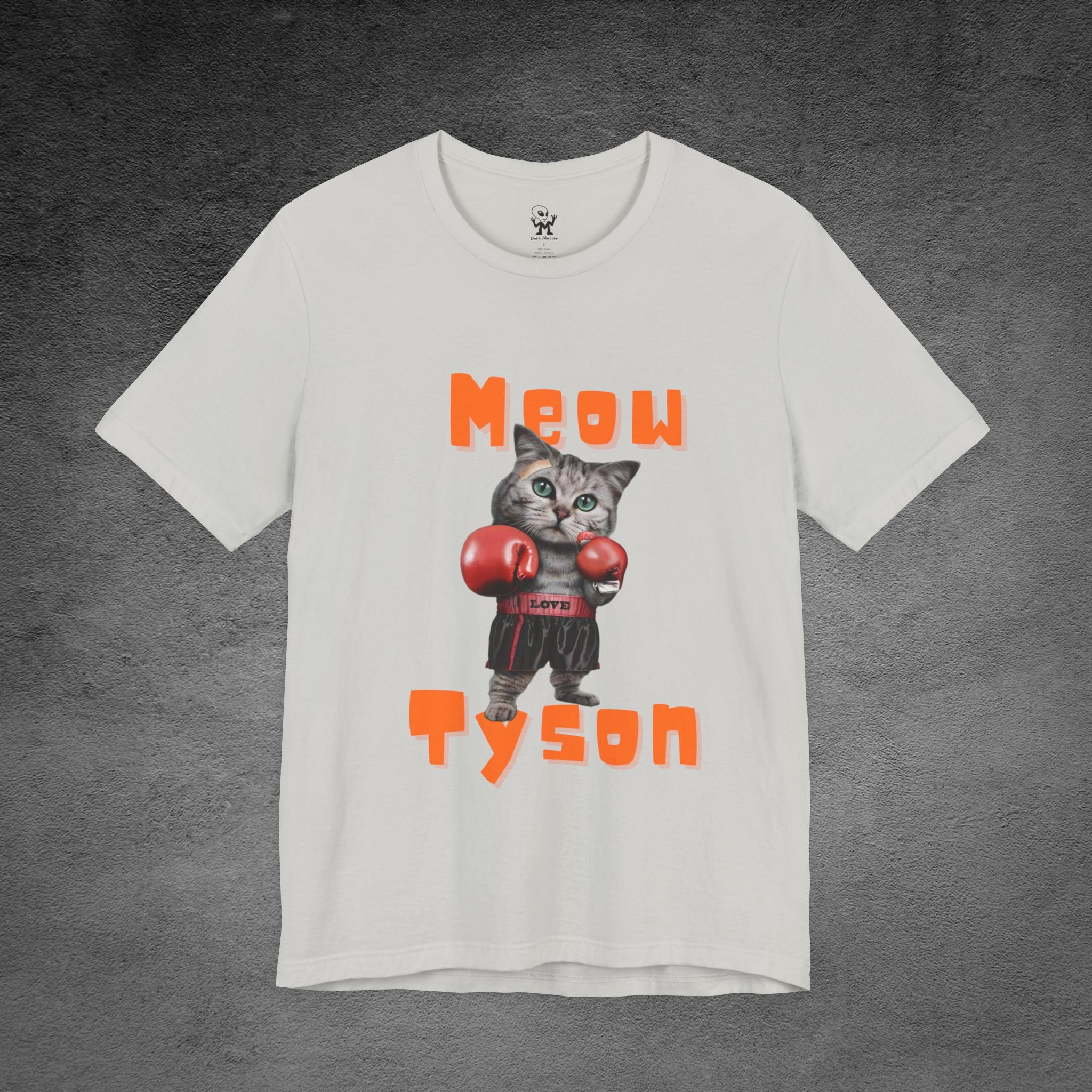 Meow Tyson T-shirt – funny cat boxing pun tee. Unisex graphic shirt for cat lovers, humor fans, and animal pun streetwear.